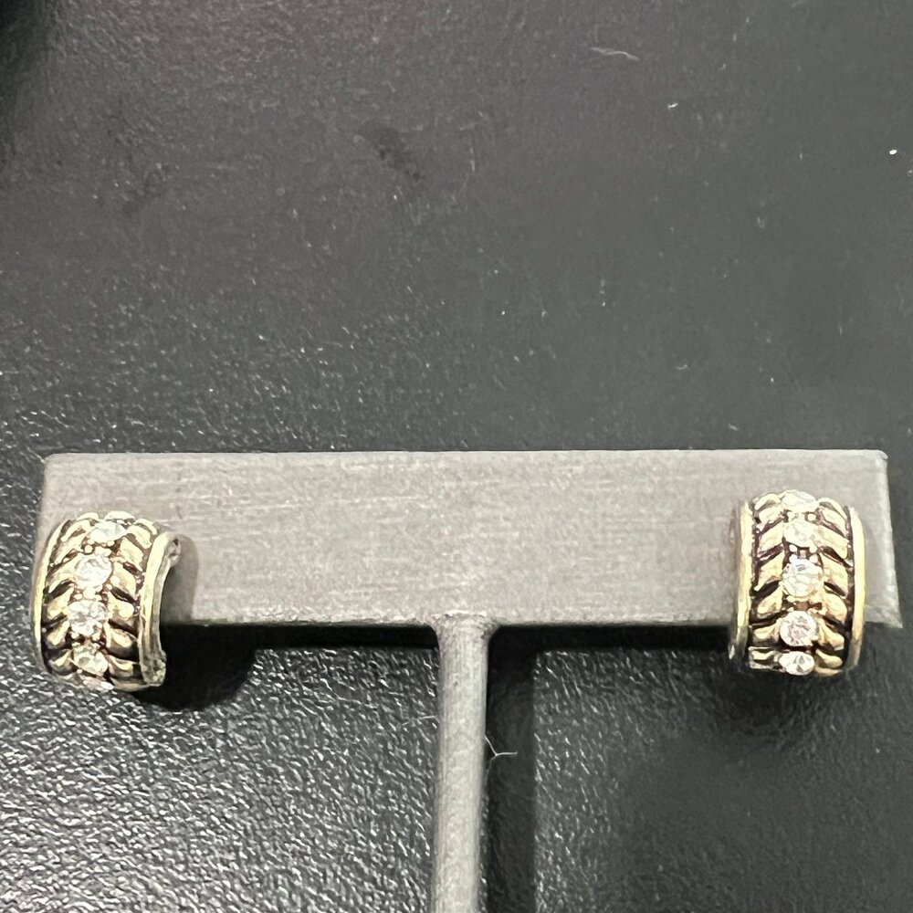 Huggie Hoop Earrings Textured Rope Design Gold Tone Black Enamel Accent
